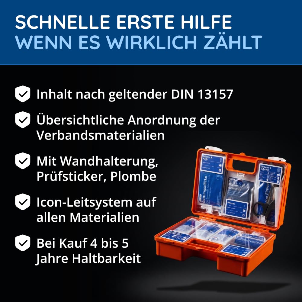 Erste Hilfe Koffer nach neuer DIN 13157:2021 | Gefüllt, inkl. Wandhalterung, 5x Aufkleber, Prüfsticker & 3x Plomben | Erste Hilfe Kasten/Verbandkasten für Betriebe, Unternehmen, Büro & Zuhause