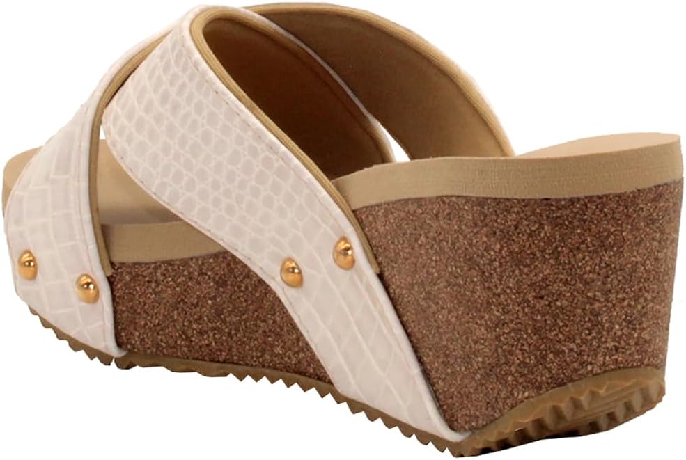 VOLATILE Women's Criss Cross Sandal Wedge, Beige Croco, 7