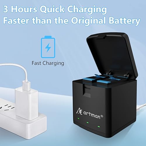 Miniatura 6 de Artman Hero 10119 - Paquete de 3 baterías (1800 mAh) y cargador rápido de almacenamiento USB de 3 canales para GoPro Hero 10 Black, Hero 11 Black,