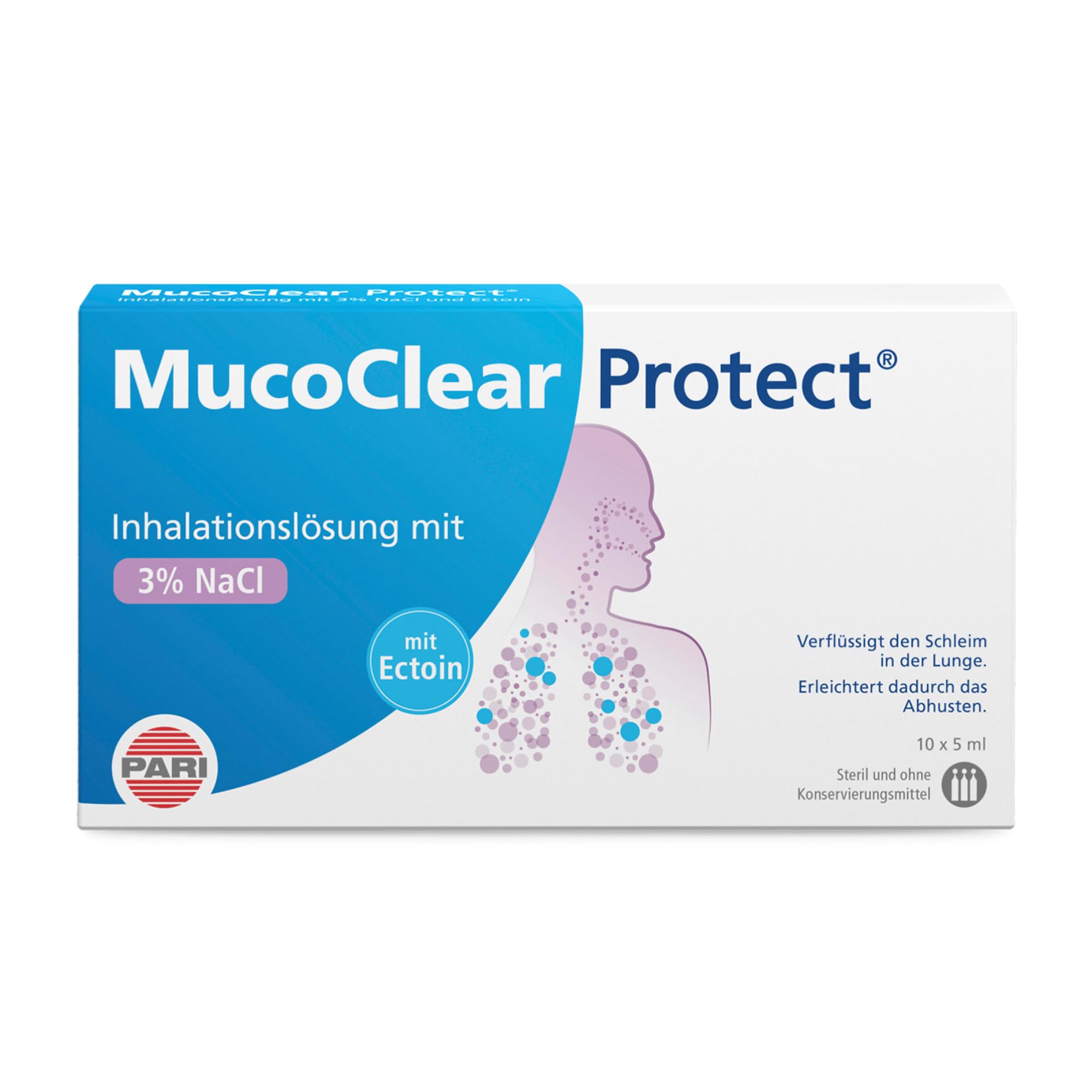PARI MucoClear ProteECT 3% NaCl Inhalationslösung mit Ectoin – Hypertone Kochsalzlösung zum Inhalieren – für Kinder und Erwachsene – 10 Ampullen á 5ml – Steril, ohne Konservierungsstoffe