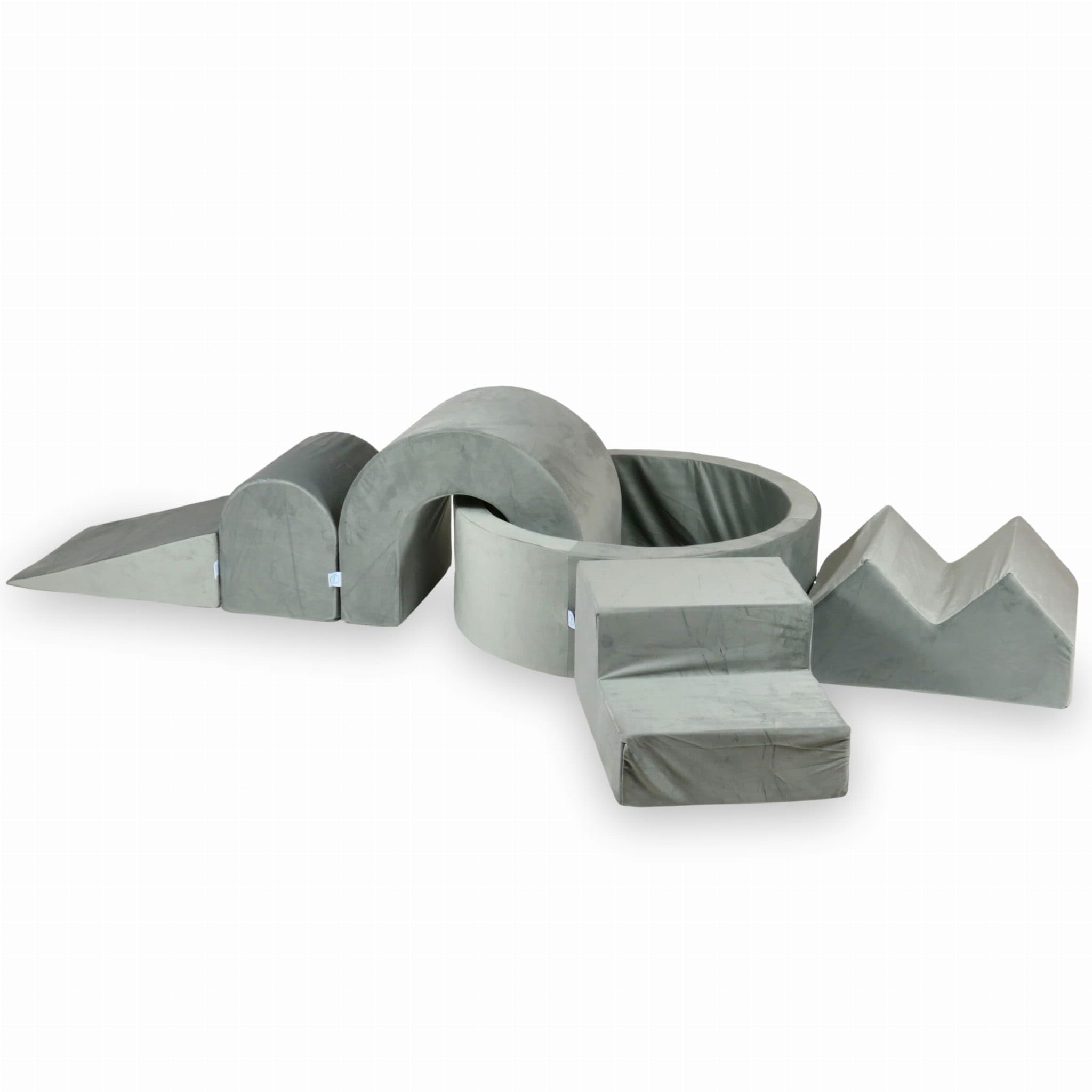 Mimii Parco giochi in schiuma con piscina di palline rotonda, 90 x 30 cm, velluto grigio, 5 elementi, giocattolo da arrampicata per interni, grandi mattoncini per gattonare e arrampicare, senza