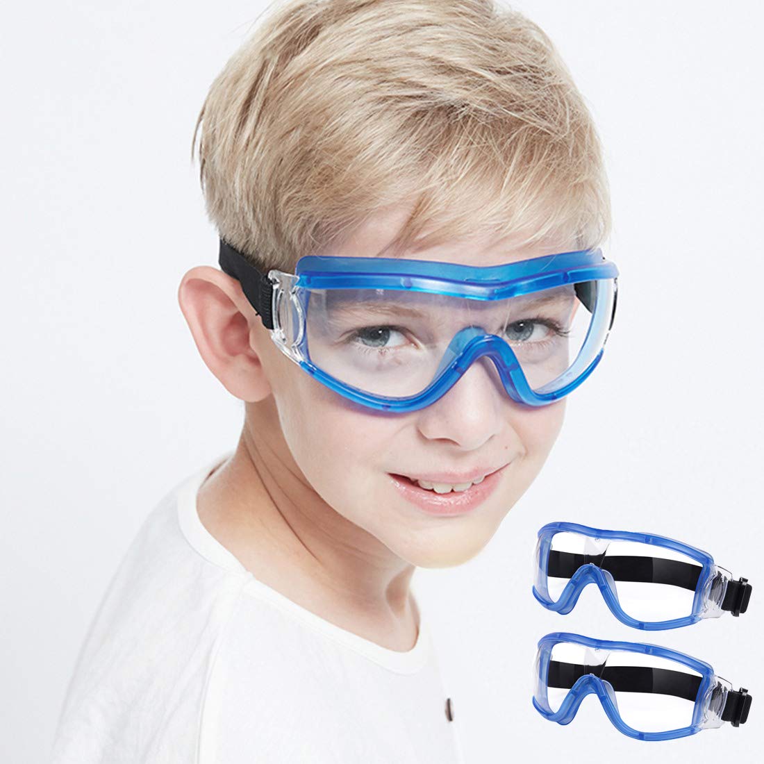 Gafas de seguridad para niños, gafas de seguridad protectoras para niños, lentes resistentes a los impactos, antivaho, ajuste ajustable para niños de 5 a 12 años para experimentos (azul 2 unidades)