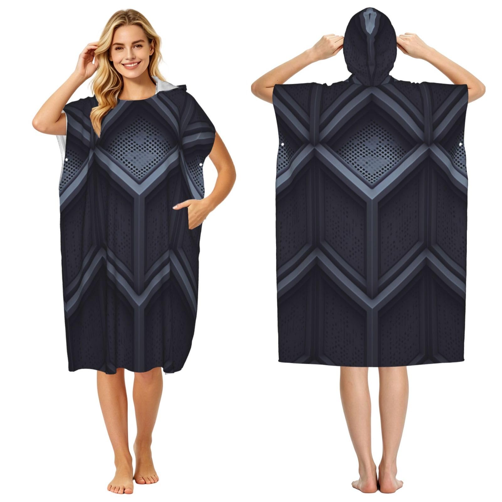 KLGRTJHK Dark Grid Space Adult Hooded Beach Poncho Towel 43"X35"