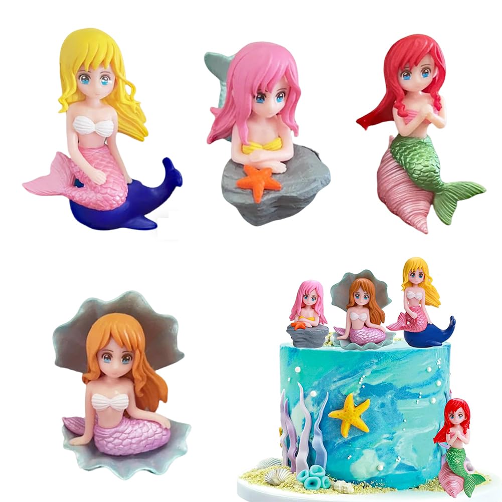 HAUZMLL 4pcs Mermaid Aquarium Ornaments, Miniature Mermaid Ornaments, Mermaid Cake Toppers, Garden Micro Landscape Aquarium Crafts and Mermaid Theme Party Decoration