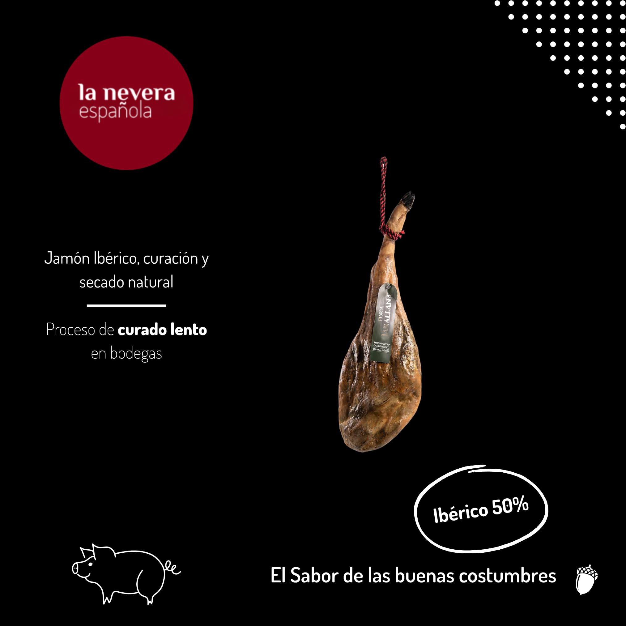 Finca Jarallana - Jamón de Cebo Campo 50% Ibérico - Pieza de 9 kg con Secado Natural y Curación +36 meses - Cerdos de Raza Ibérica