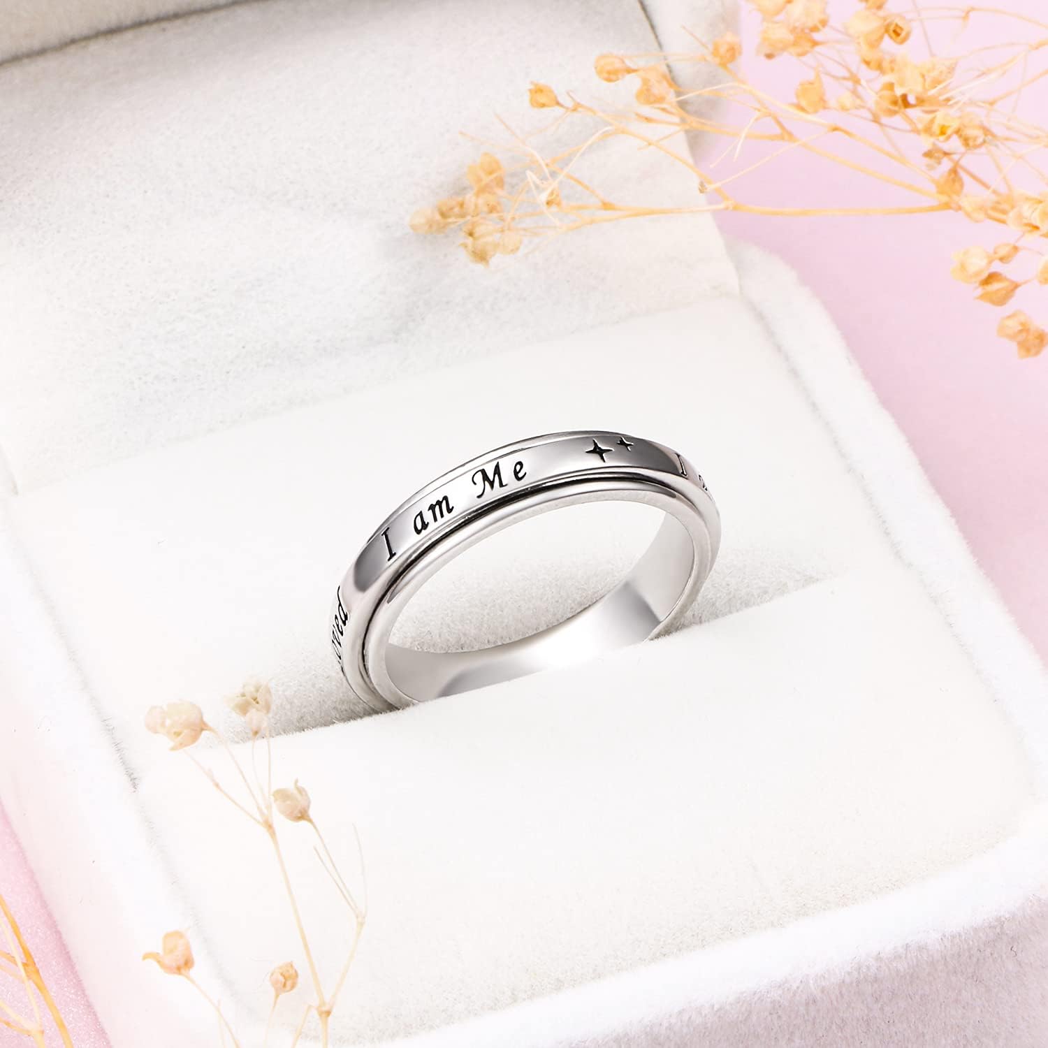 FLYOW I am Me Ring I am Loved Spinner Ring 925 Sterling Silver Moon Phase Fidget Rings for Anxiety Stress Relieving Keep Going ADHD Autism Rings Men Women Let Them Inspirational Band Ring