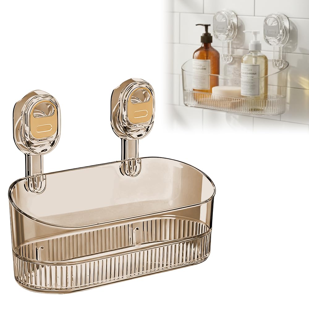 LECDOA No-Drill Powerful Suction Bathroom Storage Box Corrugated Acrylic Shower Caddy with Drain Holes Removable Wall Mount Organizer