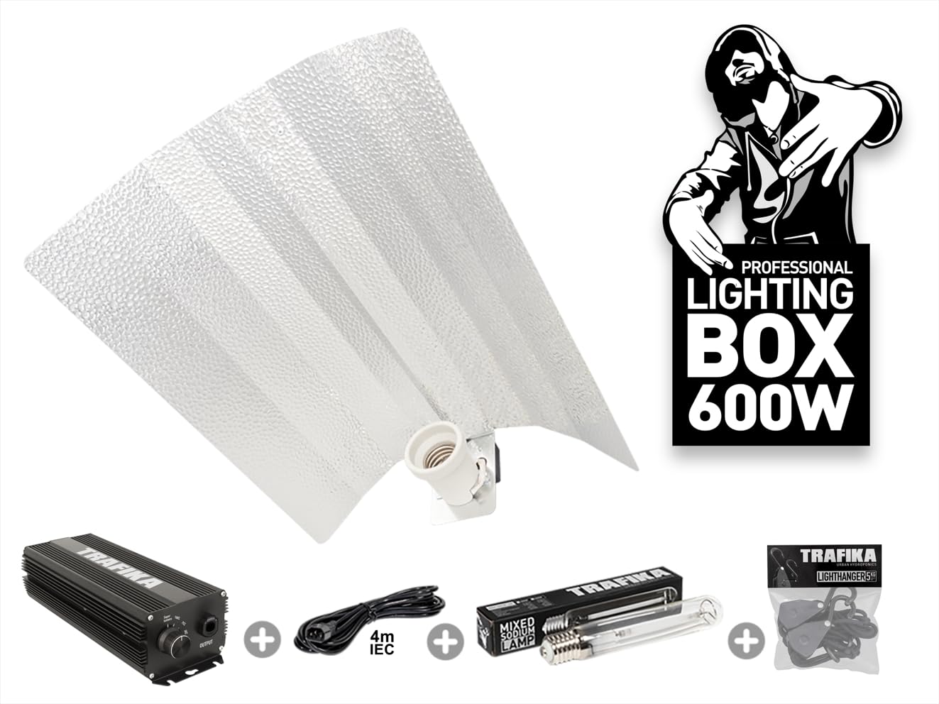 TRAFIKA KIT ILUMINACIÓN CULTIVO BALASTRO DIGITAL 600W: BALASTRO DIGITAL REGULABLE 600W + BOMBILLA + 4M CABLE + POLEAS + REFLECTOR/KIT ILUMINACION/BALASTRO ELECTRÓNICO