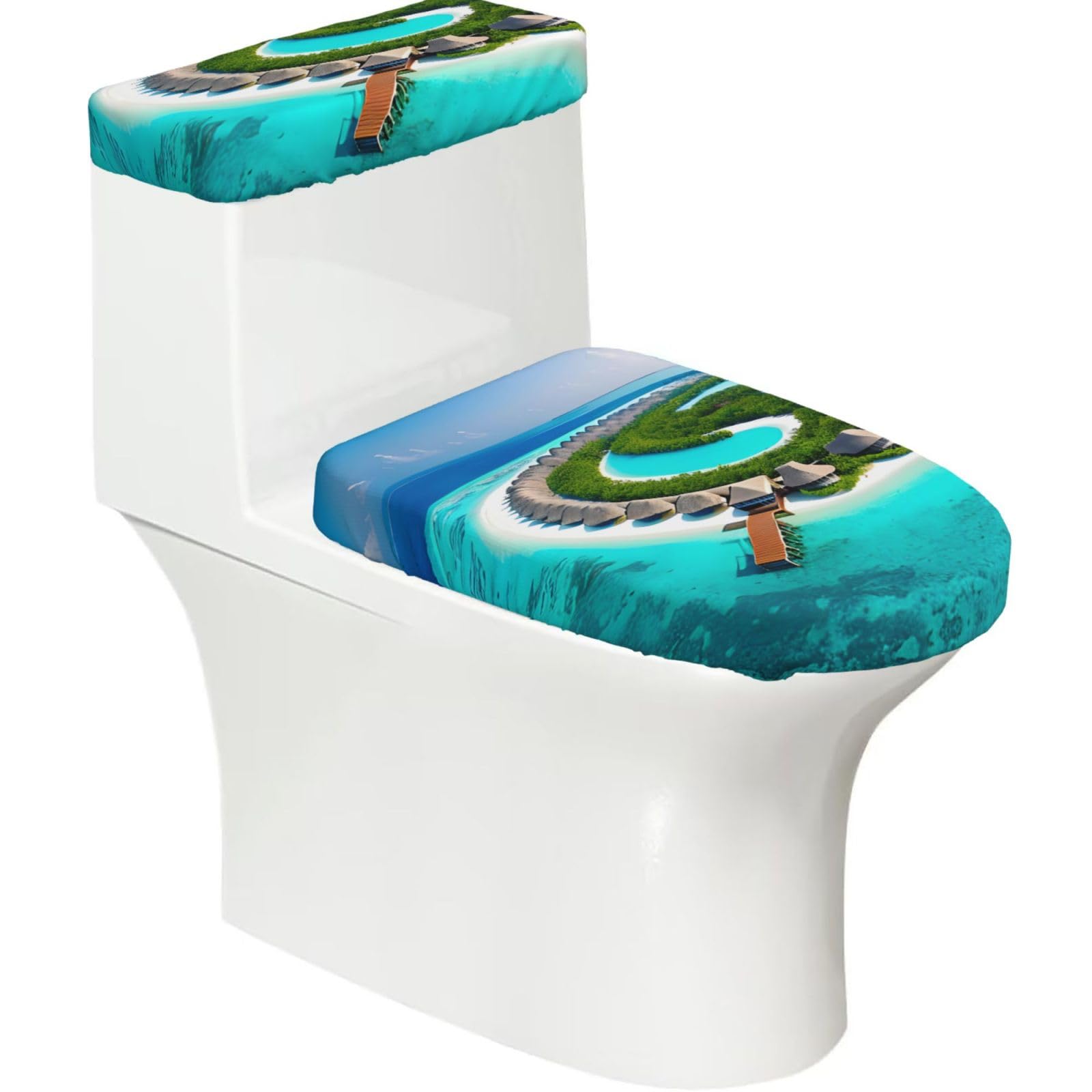 Cntdbu Black Maldives Scenery Elastic Toilet Cover Set Of 2-Stretchy Lid And Tank Covers For Bathroom, Soft Washable U Shape Toilet Decor