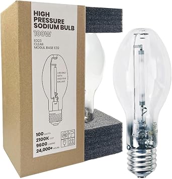 LU100/MOG 100 Watt High Pressure Sodium Light Bulb, Mogul Base E39, ANSI Code S54, 9600 Lumen, 24000 Life Hours, ED23 Clear Bulb, 2100K