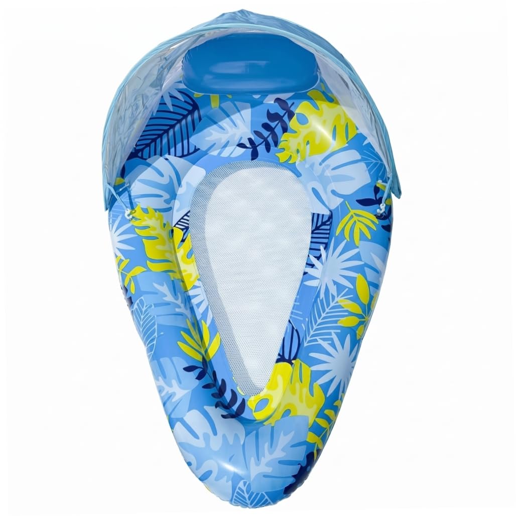 Flotadores de playa inflables para piscina, hamaca de piscina de PVC con toldo desmontable, sala de malla en forma de gota para adultos, hoja azul