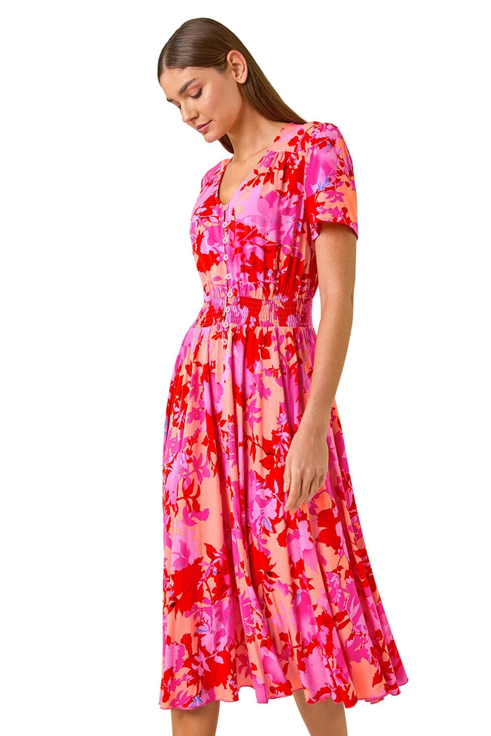 Roman Women's Pink Shadow Floral Print Shirred Midi Dress In | Size: 18