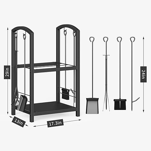 Miniatura 6 de Mr IRONSTONE Estante de leña con juego de herramientas para chimenea, estante de herramientas para chimenea para interiores y exteriores, soporte
