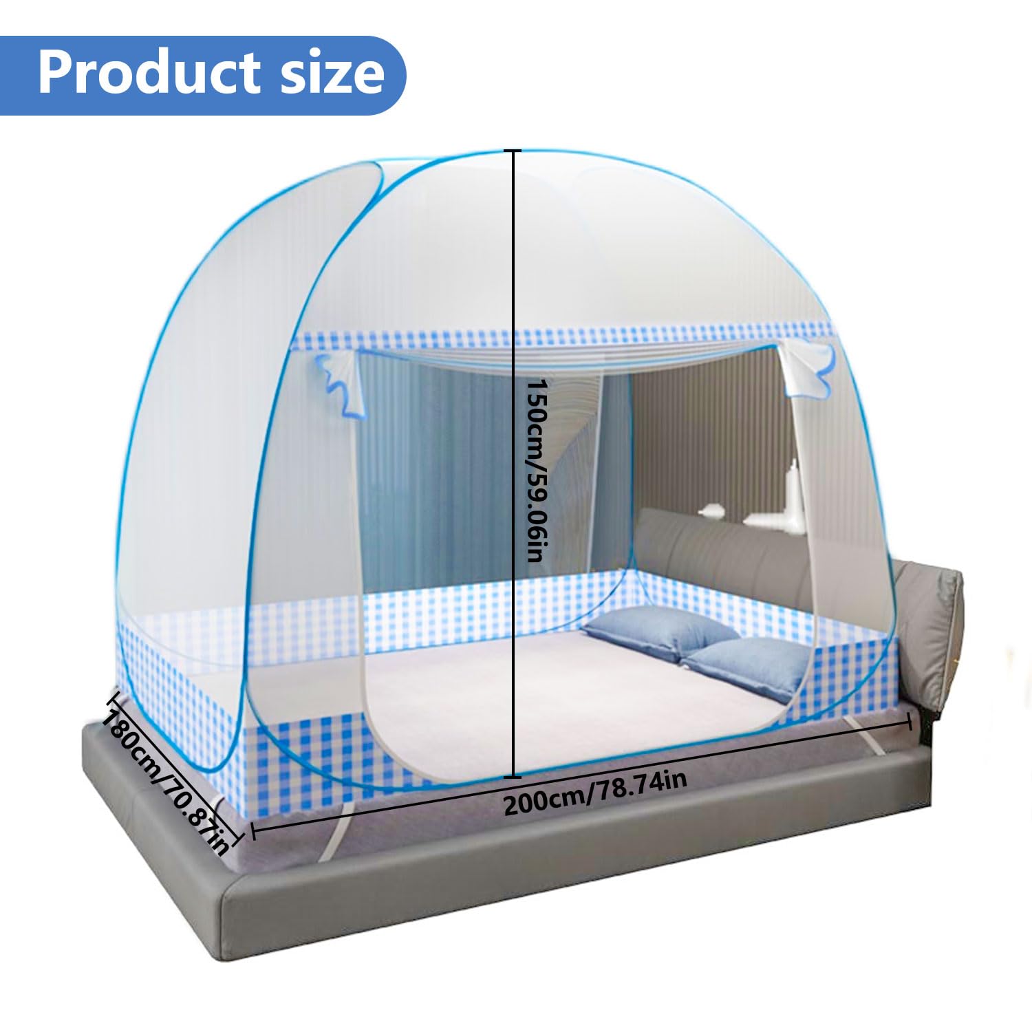 Faltbares Moskitonetz - Tragbar für Reise, Doppeltür Pop-Up, Großes Bett für Schlafzimmer, Outdoor, Camping, Picknick (Blau, 200x180x150 cm)