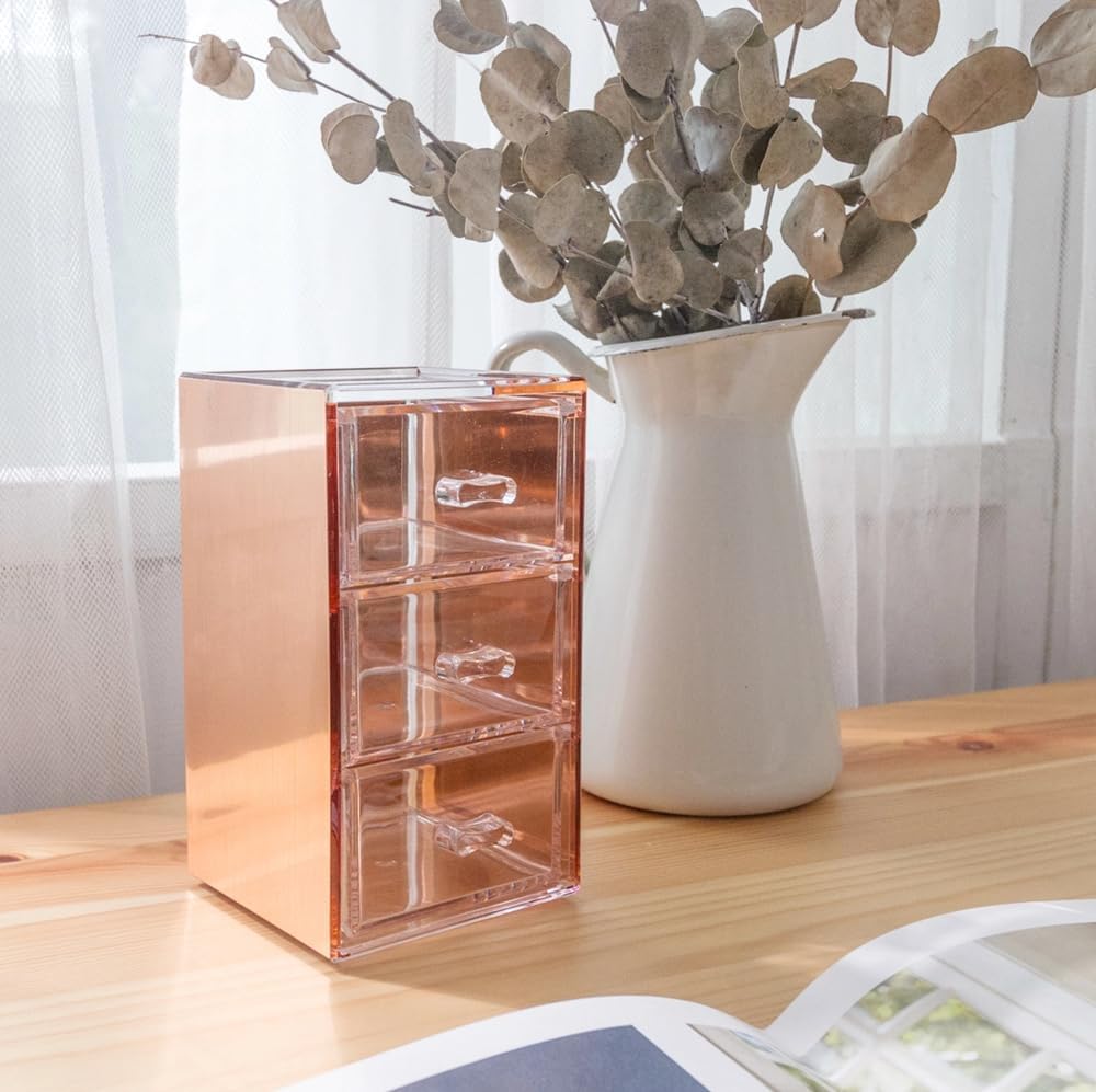 Rose Gold Acrylic Vanity Organizer Makeup Organizer Storage Drawers, Desk Small Vanity Organizer, Qtip Holder Paper Clip Holder 3 Drawers - Moosy Life