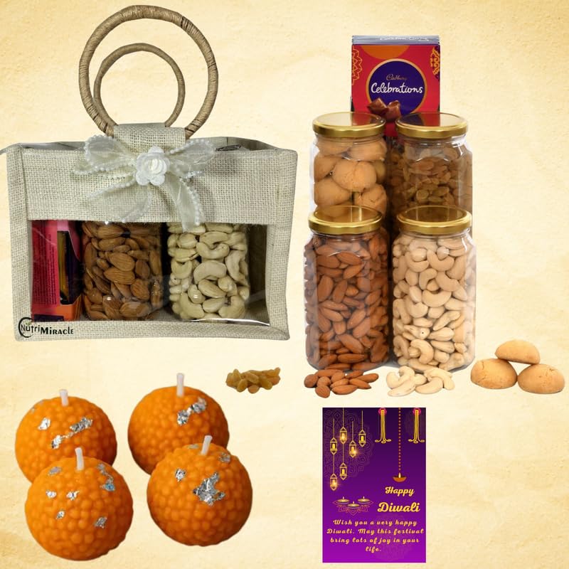 Image of NUTRI MIRACLE Diwali Chocolates Dry Fruits Nuts Laddu Candles Hamper for Corporate Employees