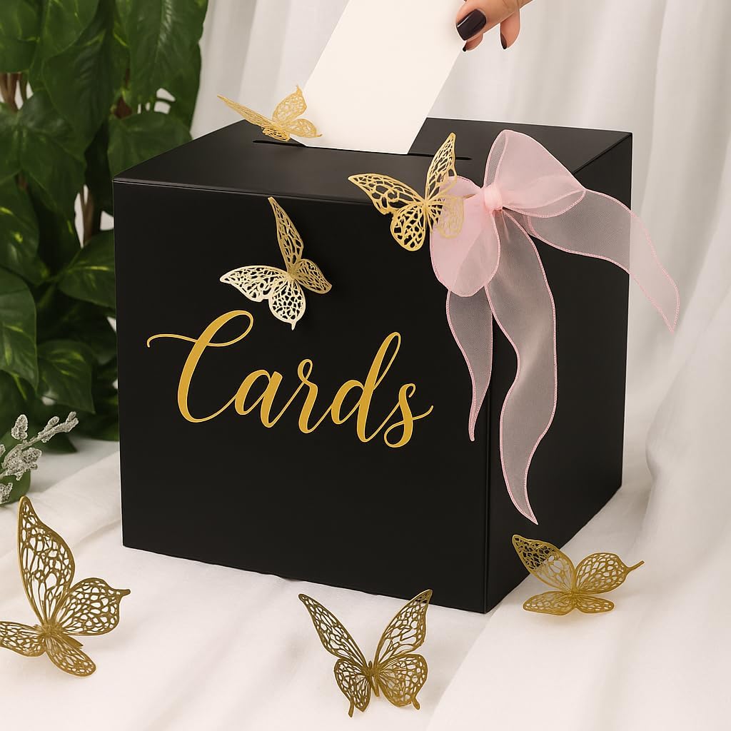 suvast card gift box for party, Baby Shower, Birthday & Graduation Party – 8.7"x8.7"x8.7" Gift Card Holder with 10 Greeting Cards, 12 Butterflies & 1 Pink Bow Decoration (White with gold foil text)