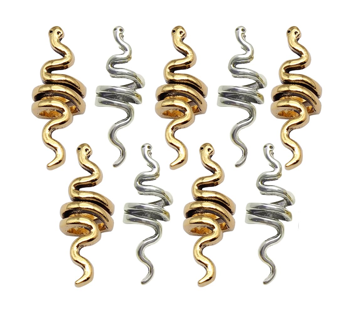 9Pcs Metal Snake Braid Hair Clips Snake-Shaped Spiral Celtic Hair Cuffs Dreadlock Accessory Hair Rings Loops Beads Coil Jewelry DIY Braids Decoration(Gold+Silver)