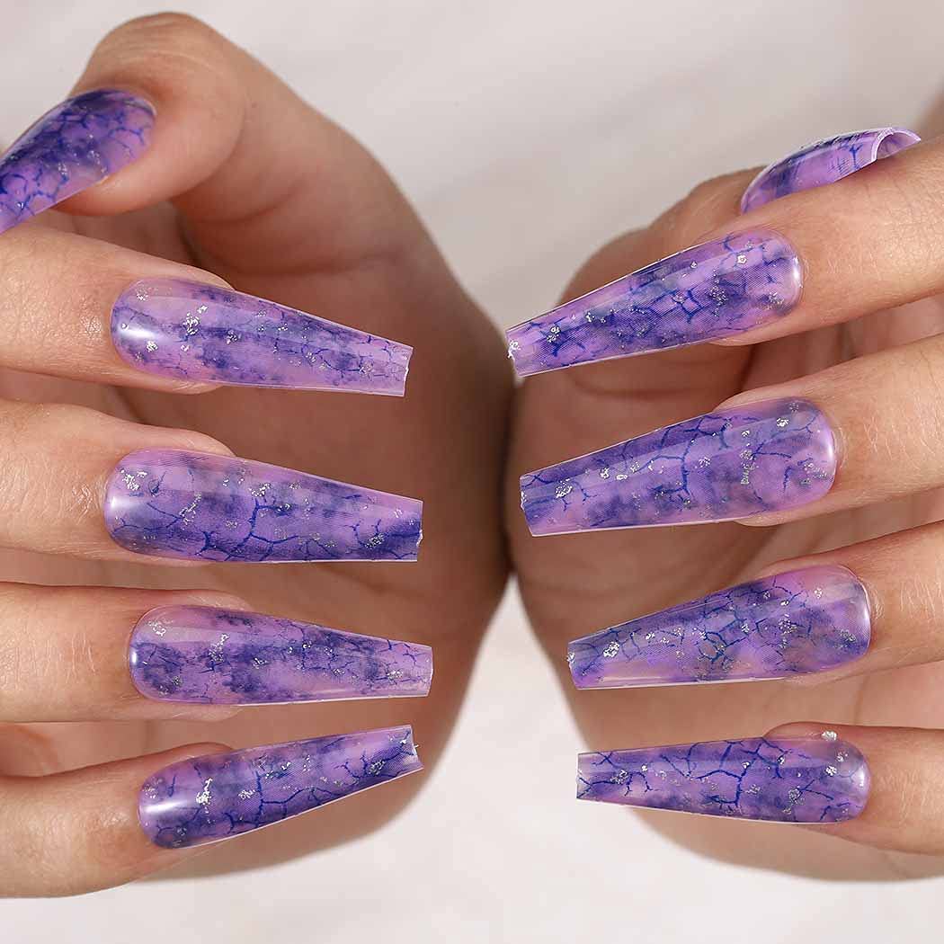 Amazon.com: Outyua Glossy Smoke Pattern Fake Nails Coffin Extra Long Press  on Nails with Design Ballerina Acrylic Super Long False Nails Designer Full  Cover Artificial Nails for Women and Girls 24Pcs (Purple) :