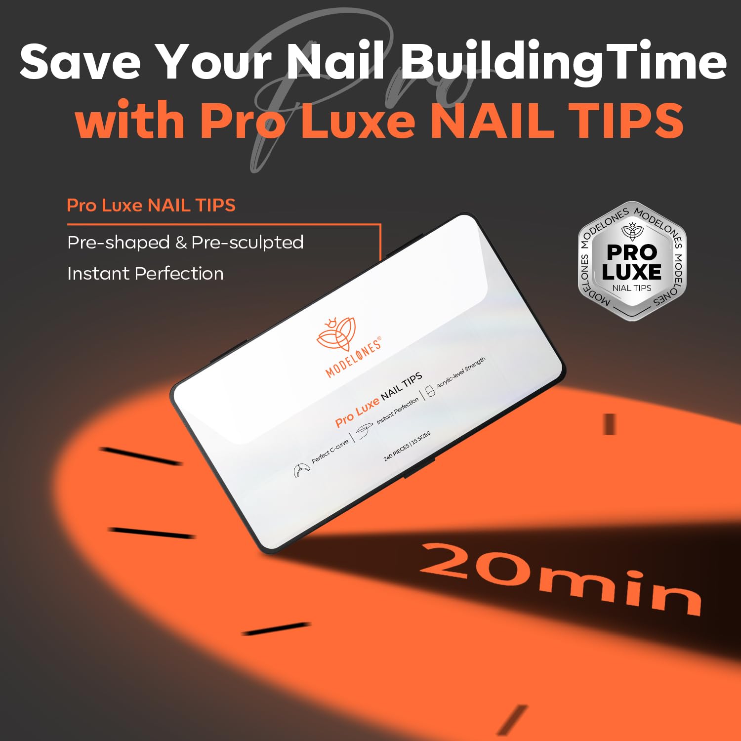 modelones Pro Luxe Instant Nail Apex Tips, Medium Square Extension Gel Tips Pre-building & Pre-etched Thicker Strength Acrylic Fake Nails Full Cover 15 Sizes