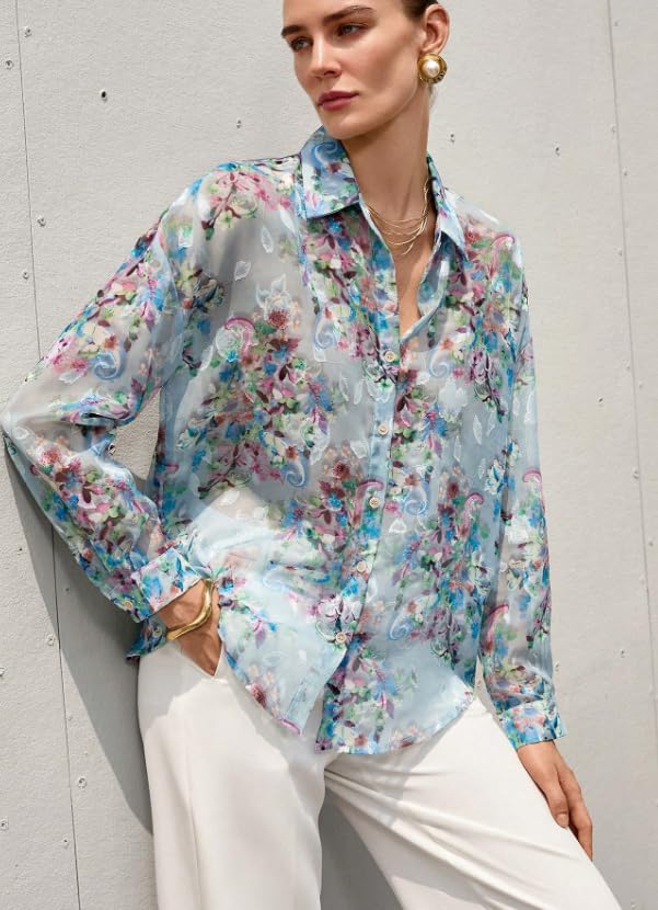 Image of Women Shirt || Women Top ||Floral Print Polo Collar Shirt, Casual Long Sleeve (S-26-28)