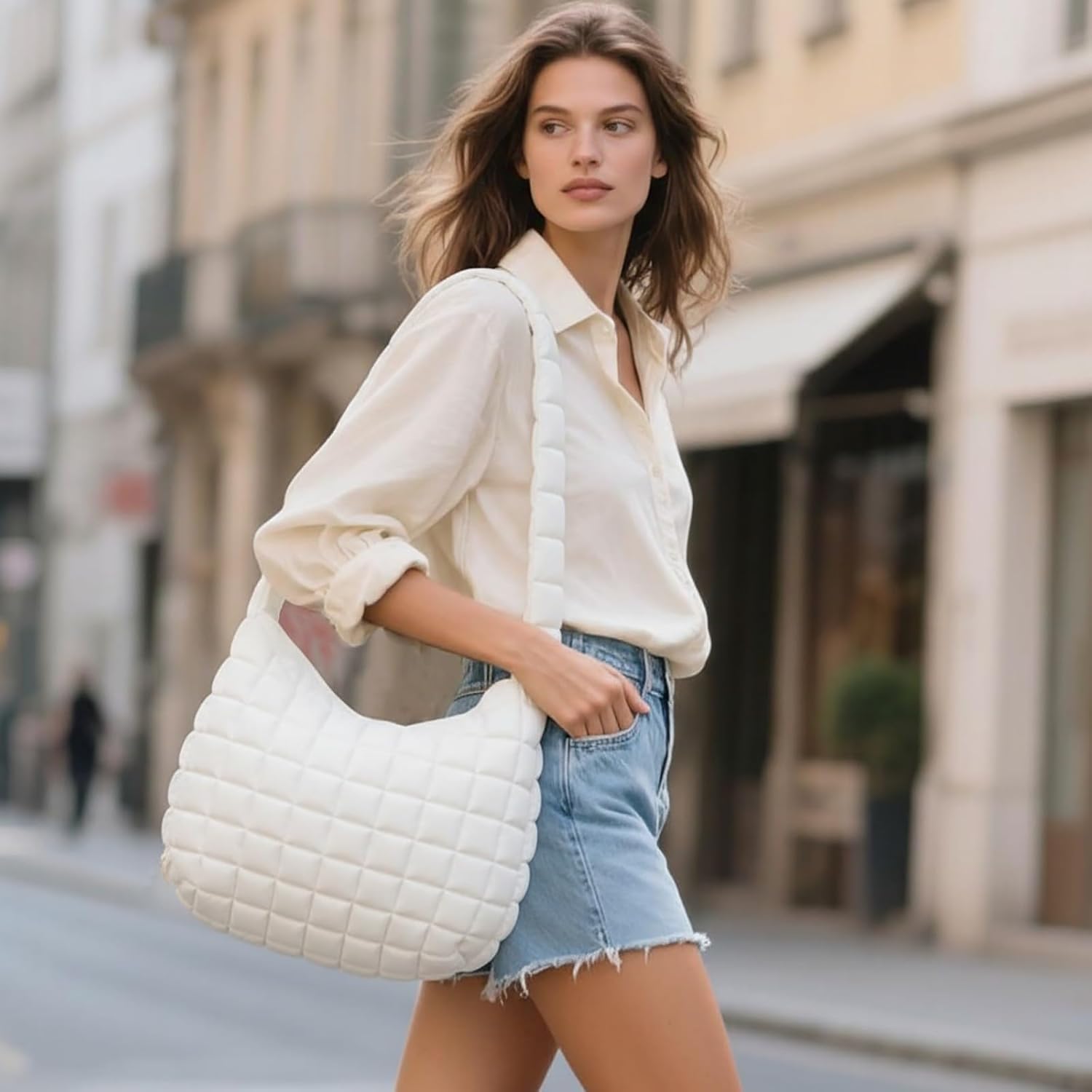 Quilted Puffer Tote Bag for Women, Lightweight Nylon Crossbody Bag Soft Carryall Hobo Puffy Large Shoulder Handbag for Girl - Image 2