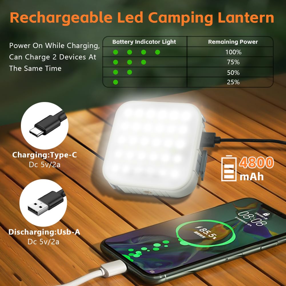 LED Lampada Campeggio 800LM, Luce da Campeggio Ricaricabile, 4800mAh Portatile Power Bank Fino 48 Ore, IPX5 Impermeabile Lampada Campeggio, 4 Modalità di Luce, per Emergenza Escursionismo