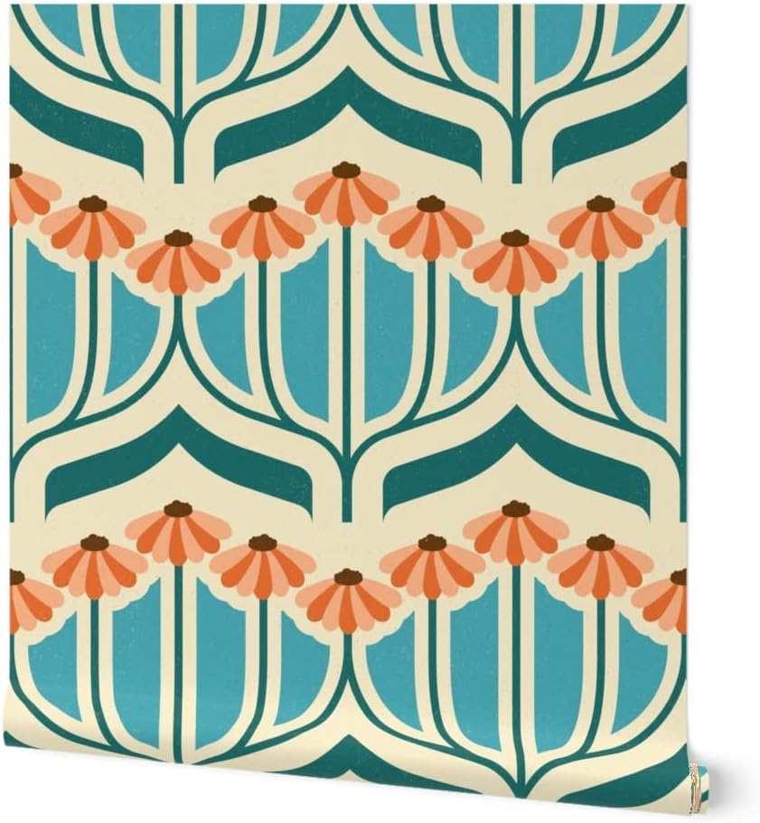 Peel & Stick Wallpaper Swatch - Retro Daisy Vintage Blue Flowers Orange Art Nouveau 70S Custom Removable Wallpaper by Spoonflower