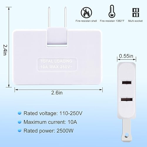 Miniatura 2 de Paquete de 6 extensores de salida de pared plana de CA, adaptador de enchufe plano, adaptador de pared plegable de 3 vías, enchufe manual para el