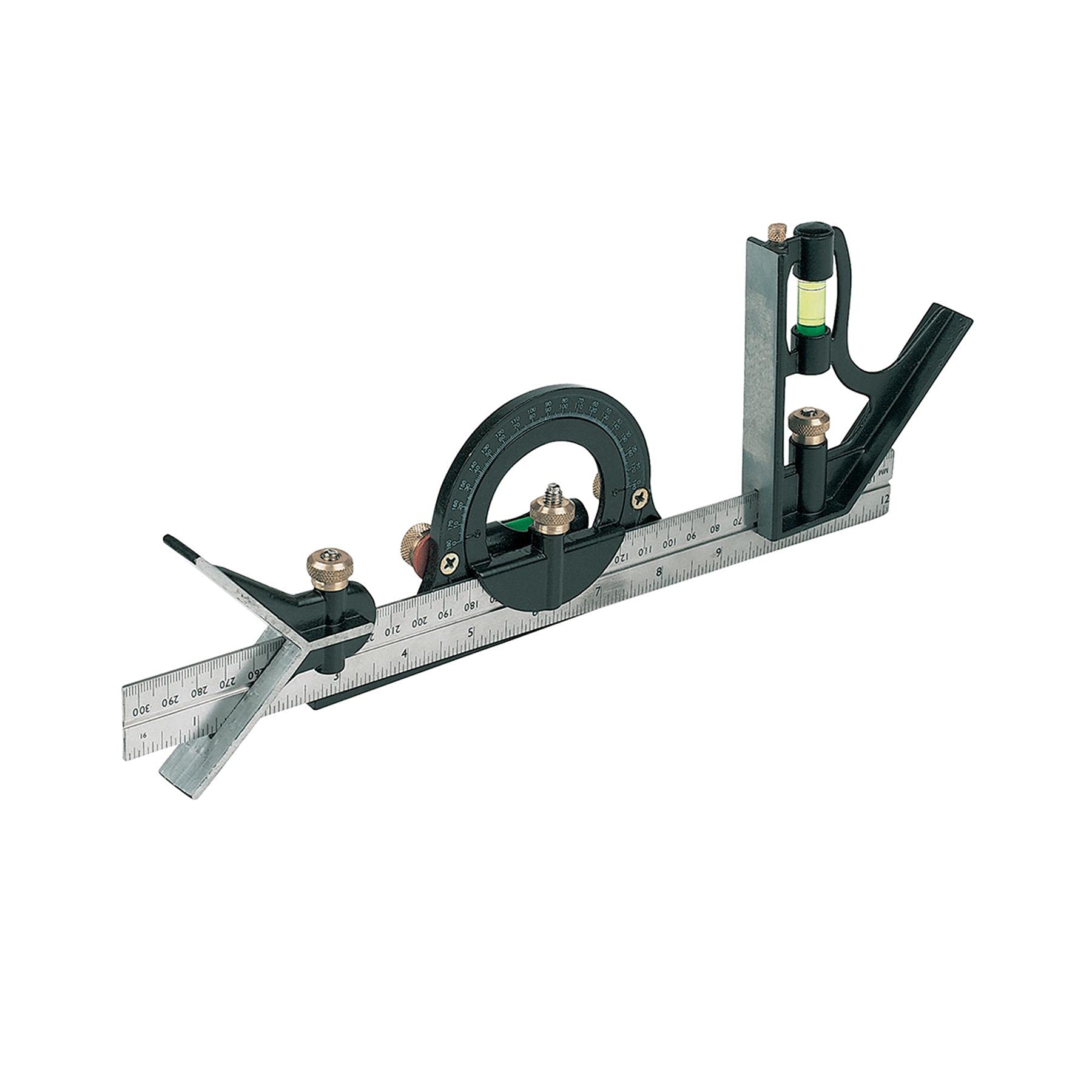 Dapetz Precision Engineer Combination Square Set Ruler Protractor 180 Degrees Metric Includes Scriber and Vials Stainless Steel, 300mm Blade Marked in Metric and Imperial Graduations