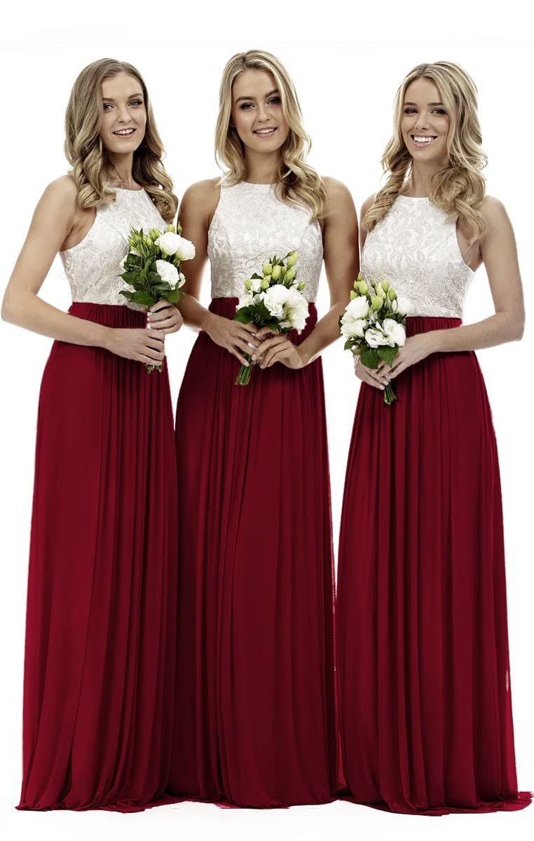 Lecureler Women's Burgundy Long Lace Prom Bridesmaid Dress Size 8