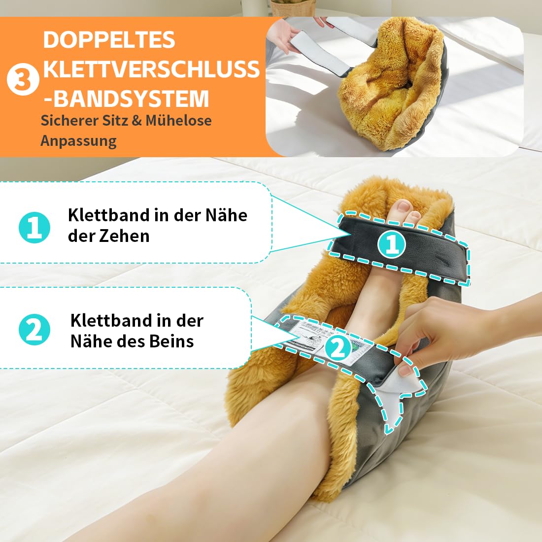 Fersenschützer gegen Dekubitus für Bettlägerige, Fersenentlastungskissen mit offener Ferse, Weiches Fersenpolster mit verstellbaren Klettverschlüssen für Druckstellen & Seniorenpflege (Grau, 1PC)