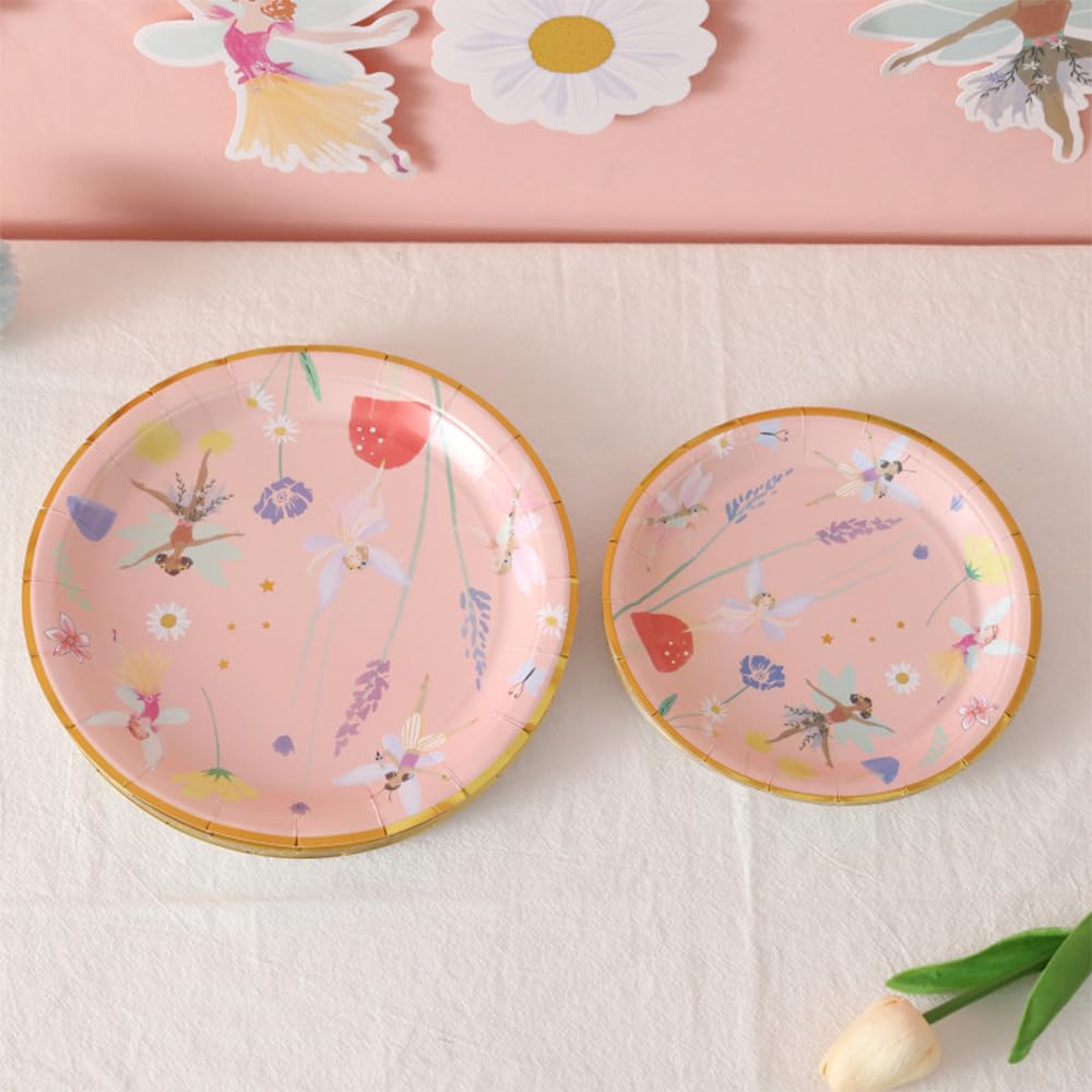 Juego de vajilla desechable de 57 piezas, diseño de hadas, hongos, platos, vasos, servilletas, decoración de pastel de hadas, suministros de decoración de fiesta de cumpleaños para niñas (10
