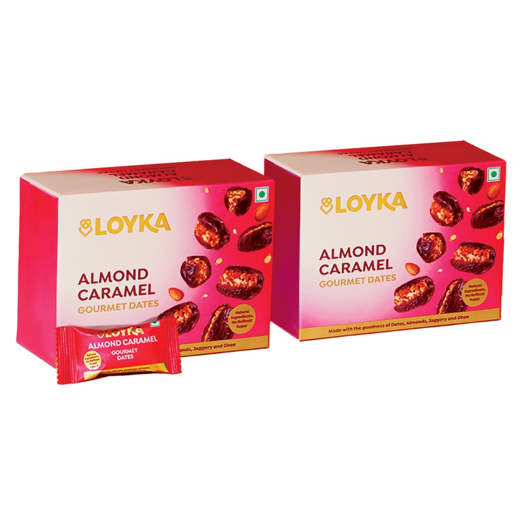 LOYKA Caramel Almonds Dates Box - 2 boxes | Crunchy | Ramadan Food | No Refined Sugar Added | Made With Jaggery | Diet friendly |Healthy Guilt-Free Morning/Evening Snack |Gift | 200 Gram
