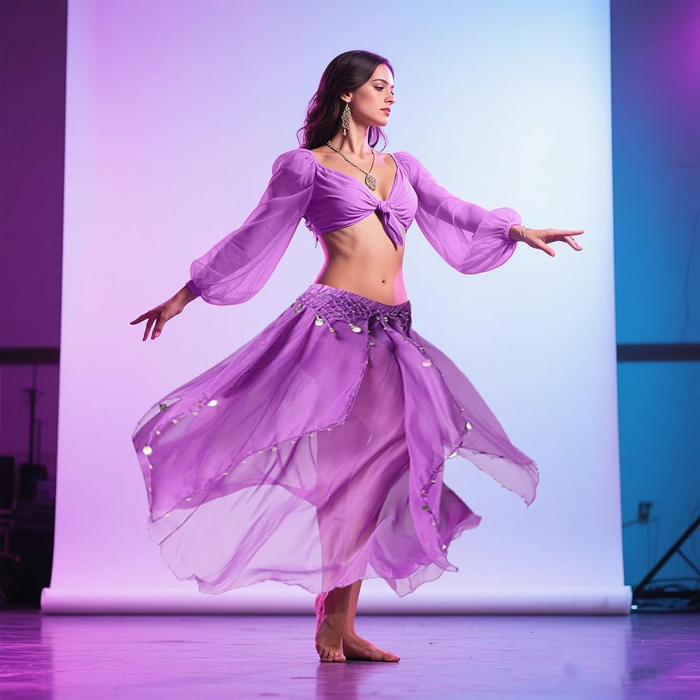 Belly Dance Skirt with Coins Chiffon Wrap Skirt for Women Hand-Sewn Metallic Coins Skirts Stage Performance & Yoga