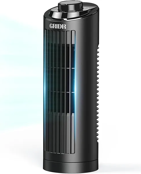 GRIDR Tower Fan for Bedroom (2025 New), Quiet Safe Bladeless with 3 Speeds, Portable Desk Fan with 80° Oscillation, Fast Cooling, Space-Saving, 13" Table Fan for Home Desktop
