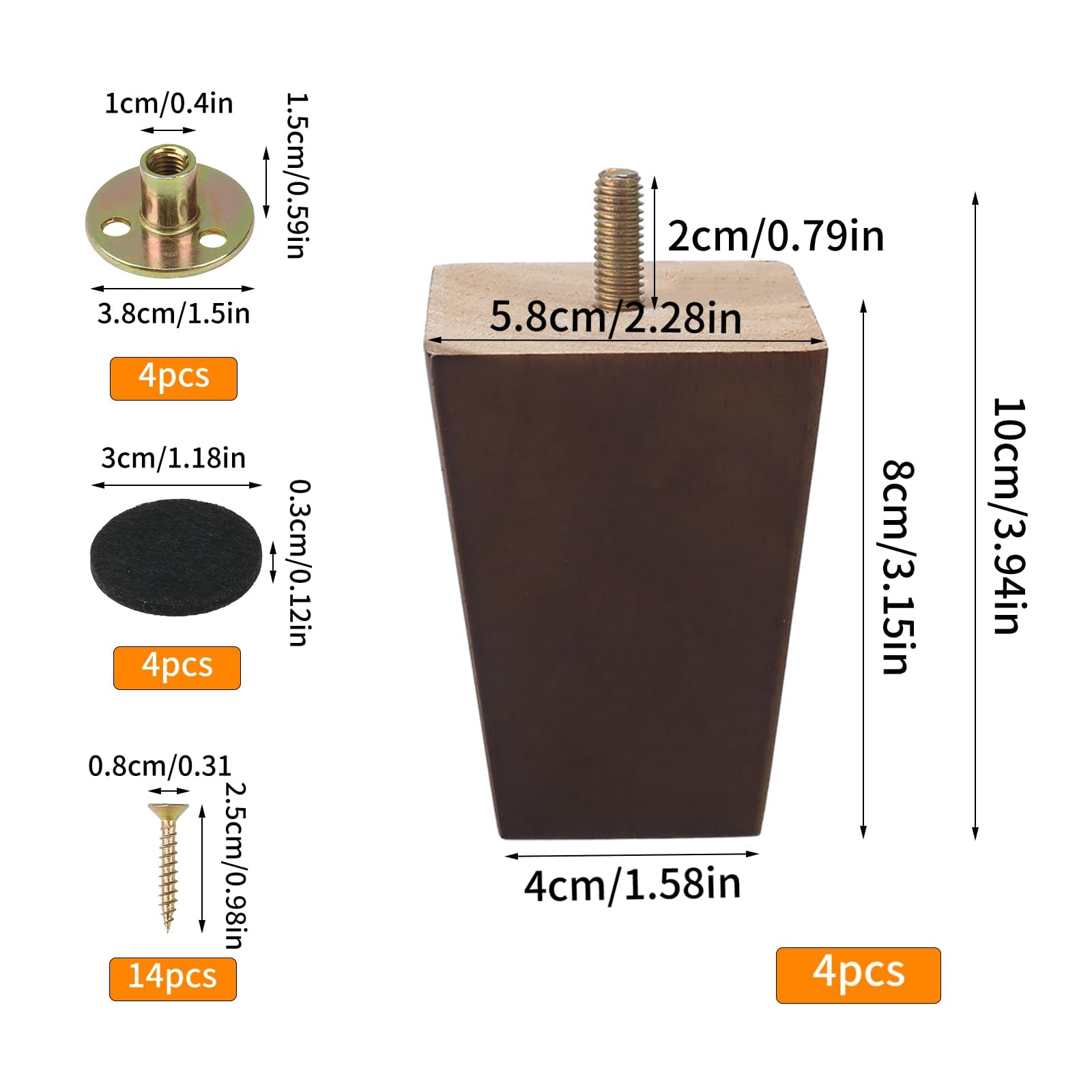 Zythrem 4Pcs 3 Inch Wooden Furniture Legs 8cm Wood Sofa Legs Chair Cabinet Legs Walnut Bed Legs Square Furniture Replacemen Feet with Mounting Plates Screws Non-Slip Mat for Couch Table TV Stand - Image 2