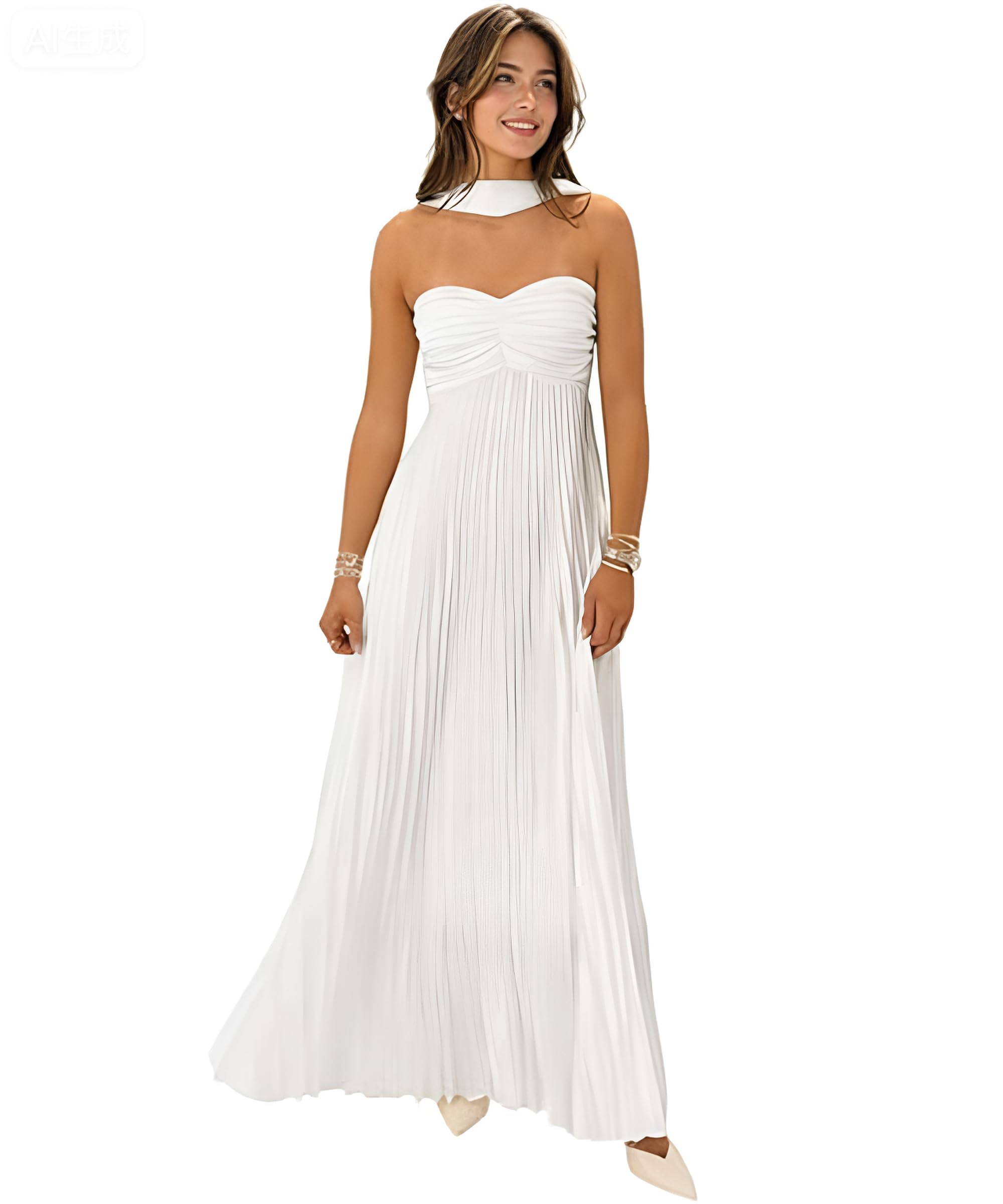 Women Bridesmaid Dress with Scarf Strapless Pleated Satin Flowy Formal Evening Gown Maxi Dresses