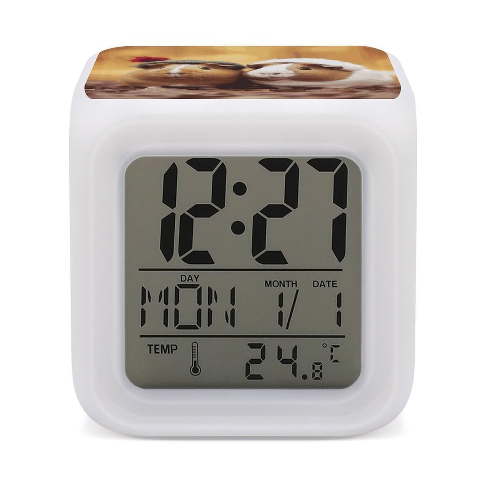 DWVTSLH Cute Guinea Pigs Alarm Clock with 7 Color Changing Night Light, Wake Up Digital Clock for Bedroom, Bedside Cube Clock with Date, Temperature, Battery Operated Desk Clock Gift