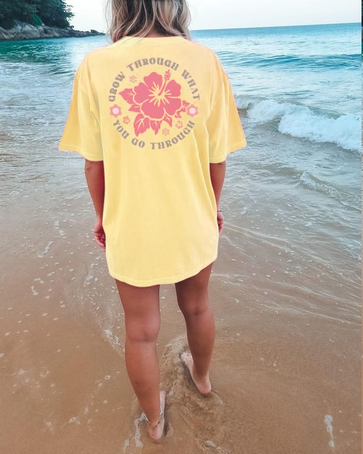 Image of Vintage Oversized Flower Graphic Tees Cute Surfboard Palm Baggy T-Shirts Summer Preppy Beach Tops Teen Girls Clothes