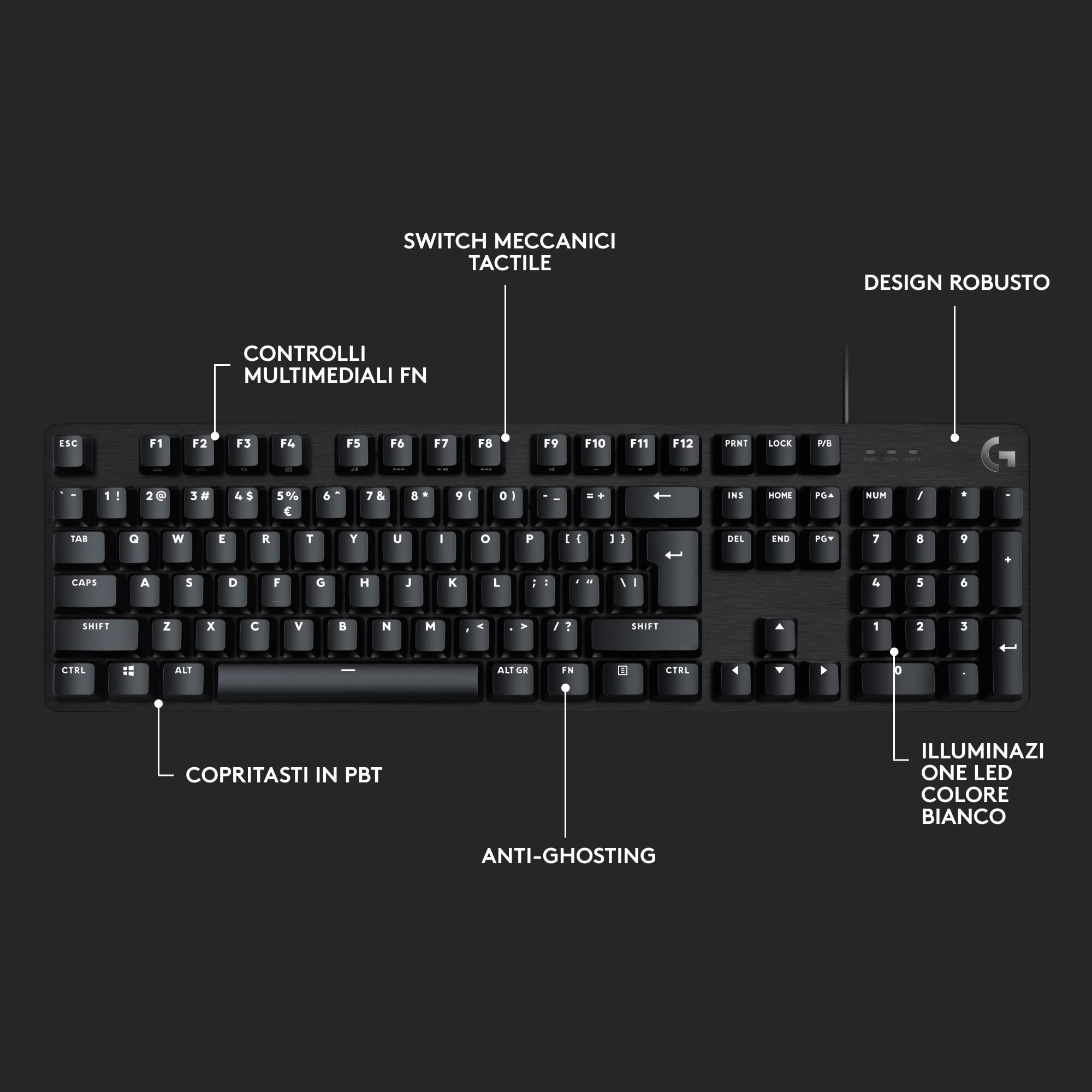 Logitech G G413 SE Tastiera Meccanica Gaming Full Size, Retroilluminata, Switch Meccanici Tattili, Anti-Ghosting, Alluminio Nero, Layout Italiano QWERTY