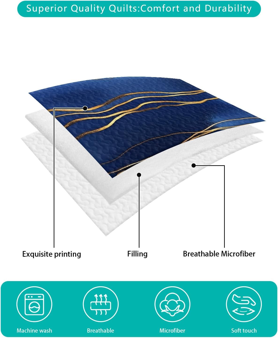 Queen Size Quilt Set, Abstract Deep Blue Sea Golden Line Lightweight Bedspread Coverlet Set Soft Microfiber Summer Quilt with 2 Pillow Shams, Modern Marble Texture 3 Piece Comforter Bedding Set