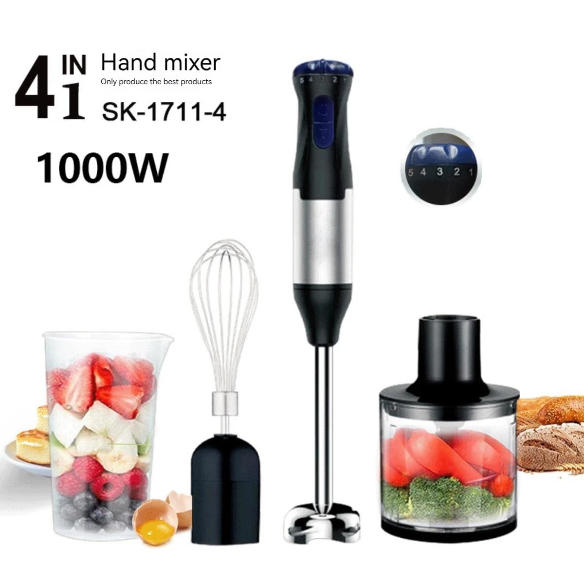 4-en-1 Mixeur Plongeant, Mixeur plongeant léger 1000W (Noir)