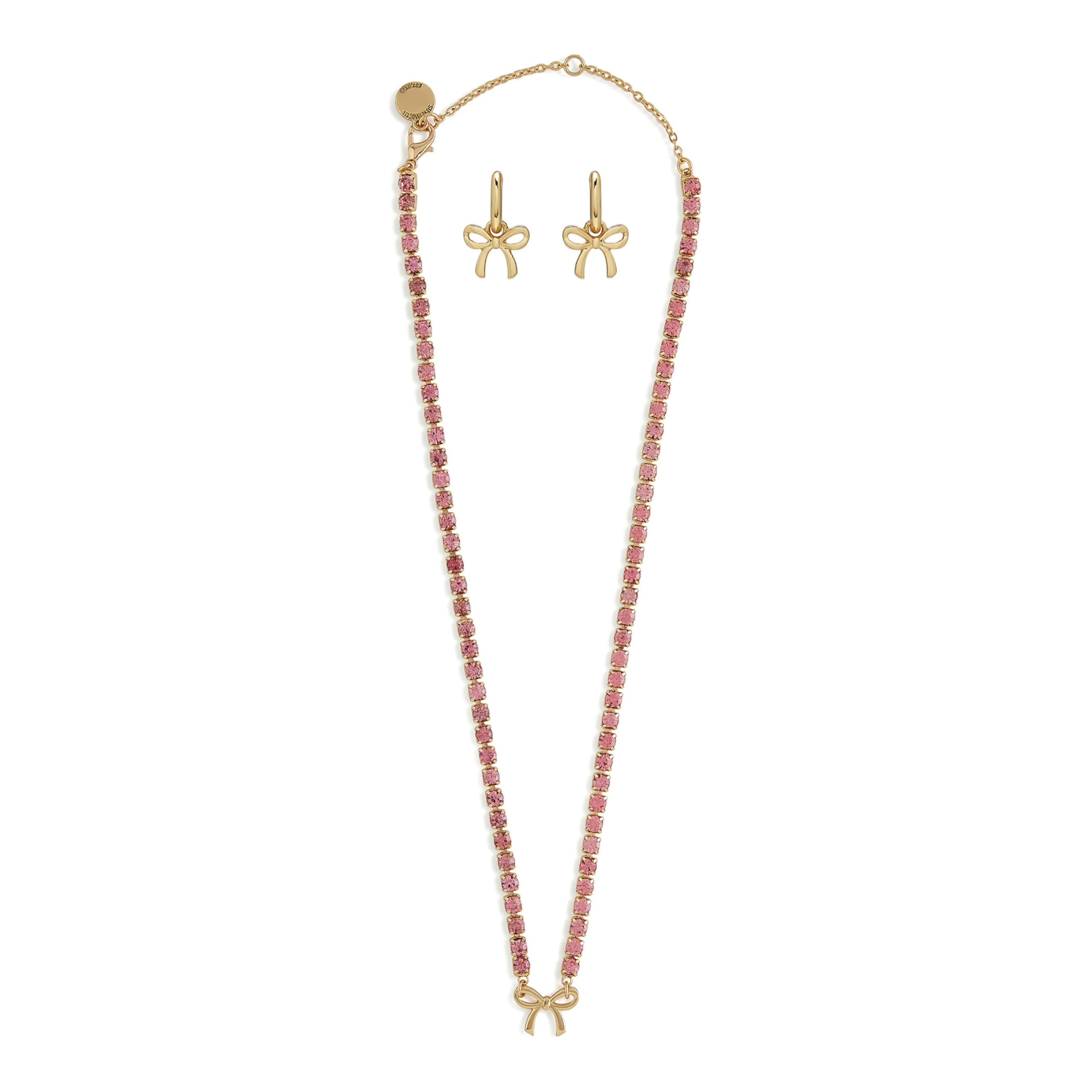 Steve Madden Bow Tennis Halskette & Ohrring-Set für Frauen, stylischer Schmuck, vergoldet & rosa Glas, inklusive Ohrringe, Halskette & Geschenkbox