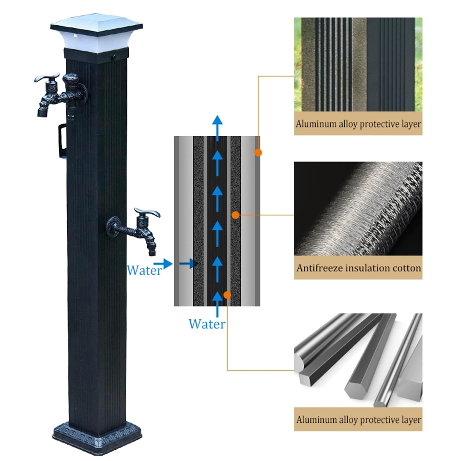 Lampy solarne wolnostojąca kolumna wodna ogrodowa na zewnątrz stop aluminium dekoracja krajobrazu fontanna z wężem śliniak hydrant pionowy dziedziniec funkcja wody zapobiega zamarzaniu, czarna