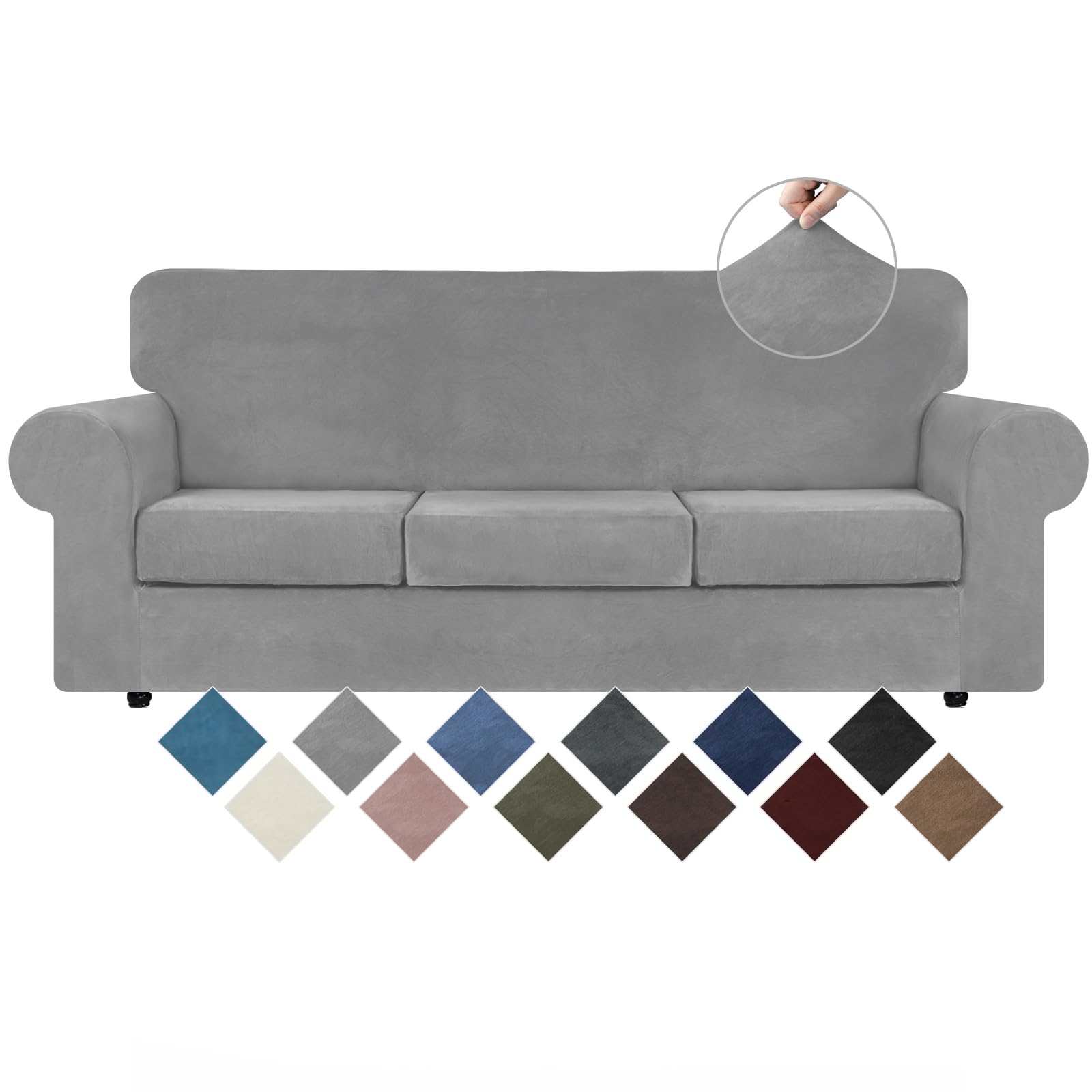 WEERRW 4 Pieces Velvet High Stretch Couch Covers for 3 Cushion Couch Sofa Slipcovers, Washable Furniture Protector with Non Slip Elastic Bottom,