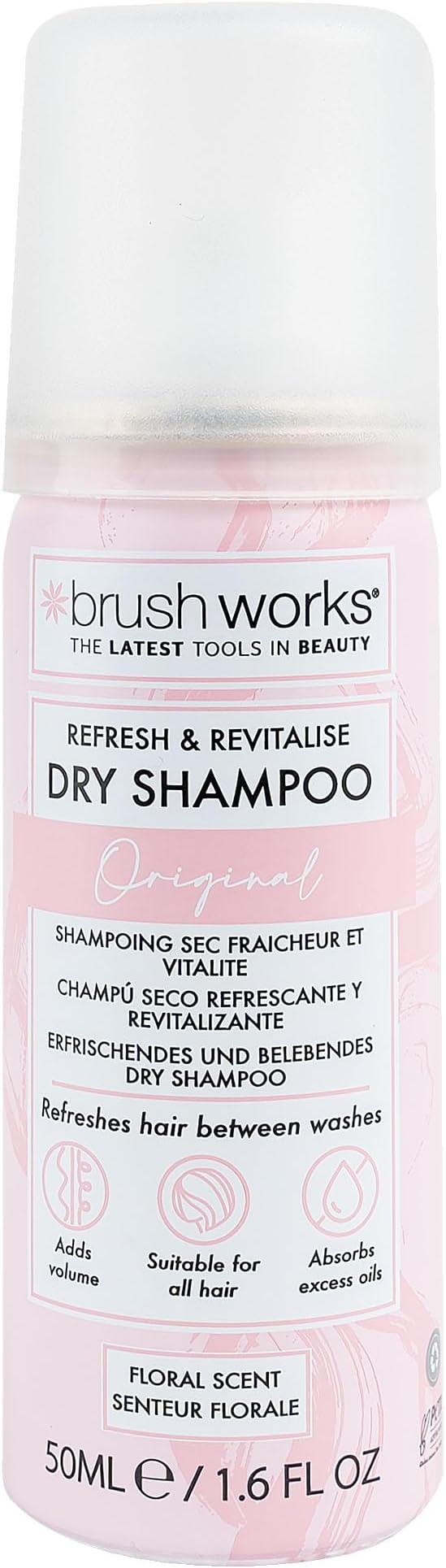Brushworks Refresh & Revitalise Floral Dry Shampoo 50ml - Travel Size, No Rinse, Oil Absorbing Hair Refresher, Instant Volume, All Hair Types, Floral Scent, Vegan & Cruelty-Free