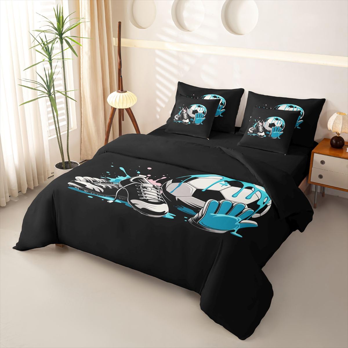 Loussiesd Juego de funda de edredón de fútbol de 7 piezas, tamaño King, juego de ropa de cama para niños y niñas, con funda de edredón, sábanas, fundas de almohada, fundas de cojín