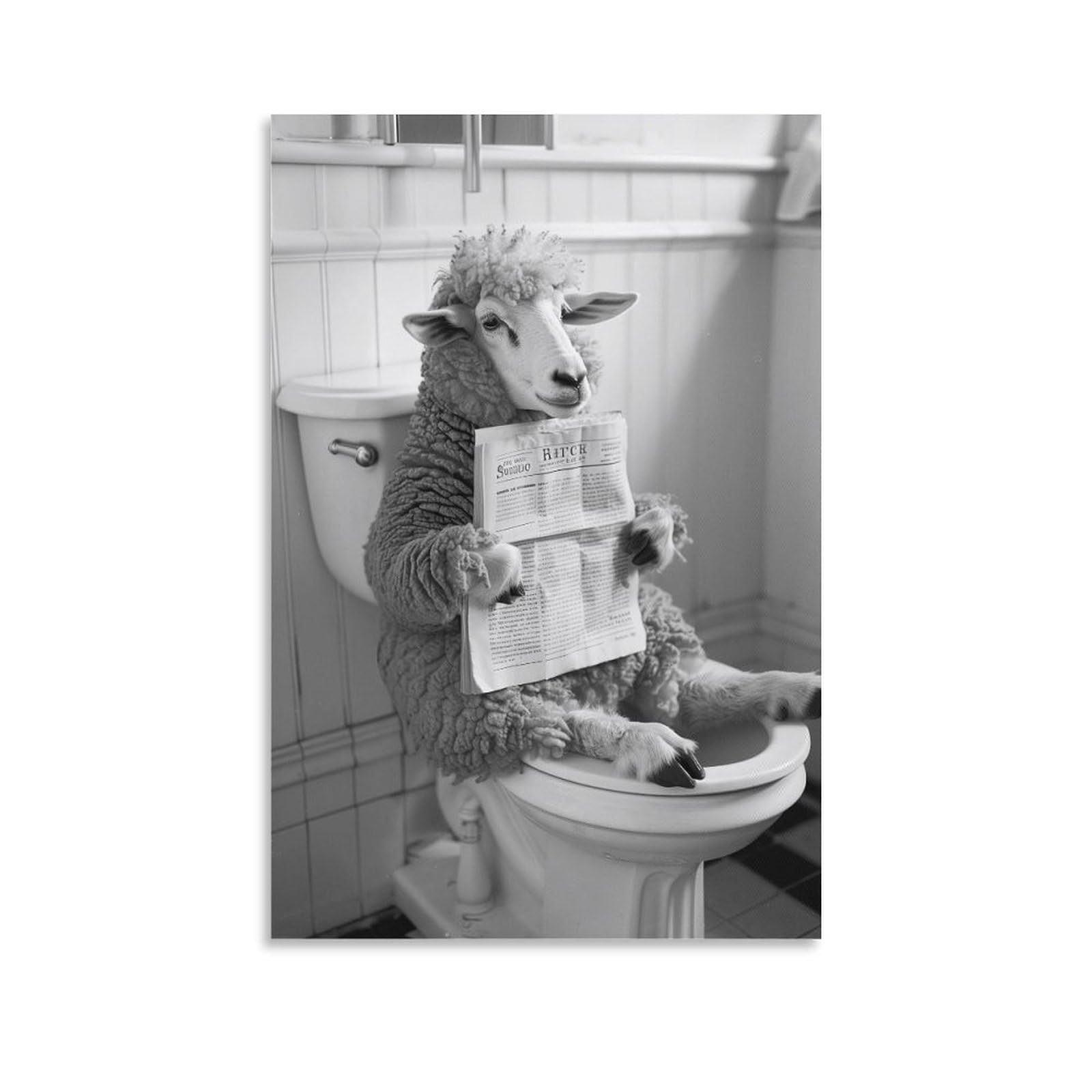 Qzfncoyu Unframe-Style Sheep Sitting On Toilet Reading Newspaper Funny Bathroom Poster Retro Style Animal Art Poster Canvas Poster Wall Art Decor Print Picture Paintings For Living Room Bedroom Decoration 12X18inch(30X45cm)
