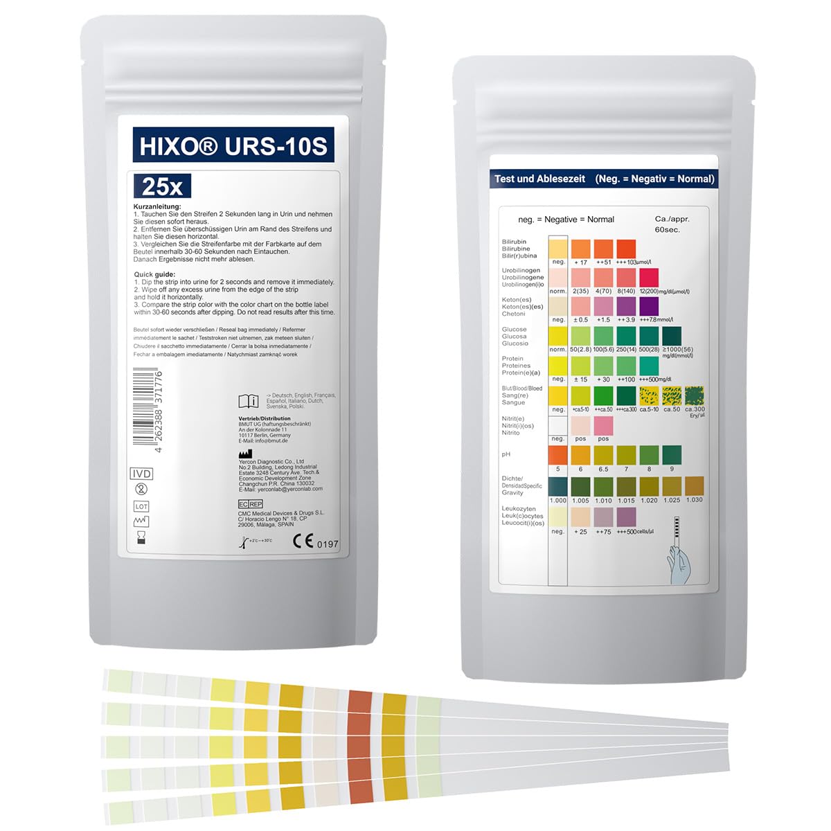 25x Gesundheitstest 10in1 Urin mit 10 Indikatoren - Selbsttest Zuhause & Professionell - Analyse Teststreifen – Glucose, Ketone, Bilirubin u.v.m.